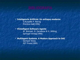 BIBLIOGRAFIA Inteligencia Artificial. Un enfoque moderno S.Russell& P. Norvig Prentice-Hall(1996) VIntelligent Software Agents W. Brenner, R. Zarnekow & H. Witting Springer-Verlag(1998) Multiagent Systems. A Modern Approach to DAI Gerhard Weiss MIT Press(1999) 