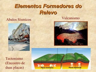 Tectonismo
(Encontro de
duas placas)
VulcanismoAbalos Sísmicos
Elementos Formadores doElementos Formadores do
RelevoRelevo
 