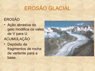 EROSÃO GLACIAL
EROSÃO
• Ação abrasiva do
gelo modifica os vales
de V para U.
ACUMULAÇÃO
• Depósito de
fragmentos de rocha
de vertente para a
base.
 