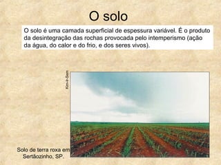 O solo
Kim-Ir-Sem
O solo é uma camada superficial de espessura variável. É o produto
da desintegração das rochas provocada pelo intemperismo (ação
da água, do calor e do frio, e dos seres vivos).
Solo de terra roxa em
Sertãozinho, SP.
 