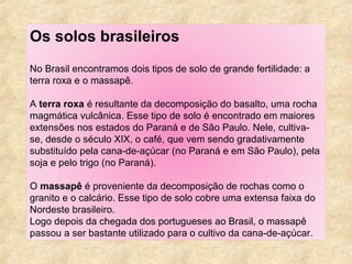 Os solos brasileiros
No Brasil encontramos dois tipos de solo de grande fertilidade: a
terra roxa e o massapê.
A terra roxa é resultante da decomposição do basalto, uma rocha
magmática vulcânica. Esse tipo de solo é encontrado em maiores
extensões nos estados do Paraná e de São Paulo. Nele, cultiva-
se, desde o século XIX, o café, que vem sendo gradativamente
substituído pela cana-de-açúcar (no Paraná e em São Paulo), pela
soja e pelo trigo (no Paraná).
O massapê é proveniente da decomposição de rochas como o
granito e o calcário. Esse tipo de solo cobre uma extensa faixa do
Nordeste brasileiro.
Logo depois da chegada dos portugueses ao Brasil, o massapê
passou a ser bastante utilizado para o cultivo da cana-de-açúcar.
 