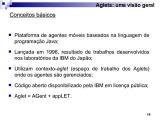 Conceitos básicos Plataforma de agentes móveis baseados na linguagem de programação Java; Lançada em 1996, resultado de trabalhos desenvolvidos nos laboratórios da IBM do Japão; Utilizam contexto- aglet  (espaço de trabalho dos Aglets) onde os agentes são gerenciados; Código aberto disponibilizado pela IBM em licença pública; Aglet = AGent + appLET. Aglets: uma visão geral 