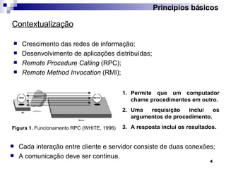 Princípios básicos Crescimento das redes de informação; Desenvolvimento de aplicações distribuídas; Remote Procedure Calling  (RPC); Remote Method Invocation  (RMI); Figura 1.  Funcionamento RPC (WHITE, 1996) Permite que um computador chame procedimentos em outro. Uma requisição inclui os argumentos do procedimento. A resposta inclui os resultados. Cada interação entre cliente e servidor consiste de duas conexões; A comunicação deve ser contínua. Contextualização 