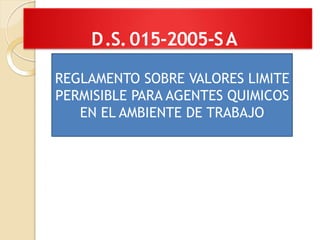 D.S.015-2005-SA
RoyVillacorta Maldonado
REGLAMENTO SOBRE VALORES LIMITE
PERMISIBLE PARA AGENTES QUIMICOS
EN EL AMBIENTE DE TRABAJO
 