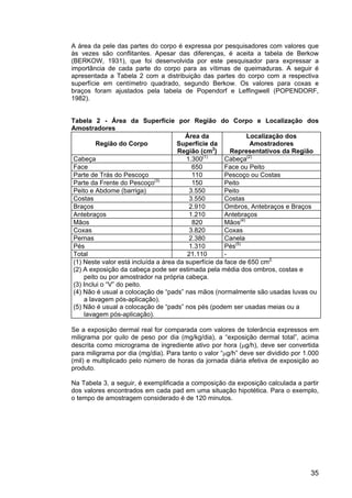 35
A área da pele das partes do corpo é expressa por pesquisadores com valores que
às vezes são conflitantes. Apesar das diferenças, é aceita a tabela de Berkow
(BERKOW, 1931), que foi desenvolvida por este pesquisador para expressar a
importância de cada parte do corpo para as vítimas de queimaduras. A seguir é
apresentada a Tabela 2 com a distribuição das partes do corpo com a respectiva
superfície em centímetro quadrado, segundo Berkow. Os valores para coxas e
braços foram ajustados pela tabela de Popendorf e Leffingwell (POPENDORF,
1982).
Tabela 2 - Área da Superfície por Região do Corpo e Localização dos
Amostradores
Região do Corpo
Área da
Superfície da
Região (cm2
)
Localização dos
Amostradores
Representativos da Região
Cabeça 1.300(1)
Cabeça(2)
Face 650 Face ou Peito
Parte de Trás do Pescoço 110 Pescoço ou Costas
Parte da Frente do Pescoço(3)
150 Peito
Peito e Abdome (barriga) 3.550 Peito
Costas 3.550 Costas
Braços 2.910 Ombros, Antebraços e Braços
Antebraços 1.210 Antebraços
Mãos 820 Mãos(4)
Coxas 3.820 Coxas
Pernas 2.380 Canela
Pés 1.310 Pés(5)
Total 21.110 -
(1) Neste valor está incluída a área da superfície da face de 650 cm2.
(2) A exposição da cabeça pode ser estimada pela média dos ombros, costas e
peito ou por amostrador na própria cabeça.
(3) Inclui o “V” do peito.
(4) Não é usual a colocação de “pads” nas mãos (normalmente são usadas luvas ou
a lavagem pós-aplicação).
(5) Não é usual a colocação de “pads” nos pés (podem ser usadas meias ou a
lavagem pós-aplicação).
Se a exposição dermal real for comparada com valores de tolerância expressos em
miligrama por quilo de peso por dia (mg/kg/dia), a “exposição dermal total”, acima
descrita como micrograma de ingrediente ativo por hora (µg/h), deve ser convertida
para miligrama por dia (mg/dia). Para tanto o valor “µg/h” deve ser dividido por 1.000
(mil) e multiplicado pelo número de horas da jornada diária efetiva de exposição ao
produto.
Na Tabela 3, a seguir, é exemplificada a composição da exposição calculada a partir
dos valores encontrados em cada pad em uma situação hipotética. Para o exemplo,
o tempo de amostragem considerado é de 120 minutos.
 