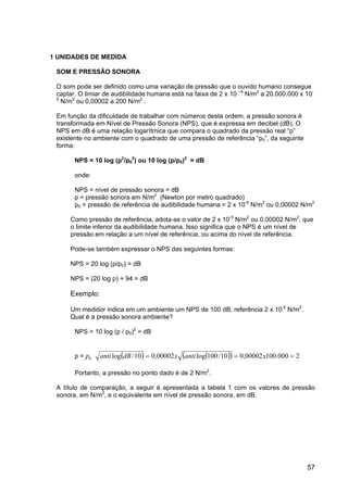 57
1 UNIDADES DE MEDIDA
SOM E PRESSÃO SONORA
O som pode ser definido como uma variação de pressão que o ouvido humano consegue
captar. O limiar de audibilidade humana está na faixa de 2 x 10 –5
N/m2
a 20.000.000 x 10-
5
N/m2
ou 0,00002 a 200 N/m2
.
Em função da dificuldade de trabalhar com números desta ordem, a pressão sonora é
transformada em Nível de Pressão Sonora (NPS), que é expressa em decibel (dB). O
NPS em dB é uma relação logarítmica que compara o quadrado da pressão real “p”
existente no ambiente com o quadrado de uma pressão de referência “p0”, da seguinte
forma:
NPS = 10 log (p2
/p0
2
) ou 10 log (p/p0)2
= dB
onde:
NPS = nível de pressão sonora = dB
p = pressão sonora em N/m2
(Newton por metro quadrado)
p0 = pressão de referência de audibilidade humana = 2 x 10-5
N/m2
ou 0,00002 N/m2
Como pressão de referência, adota-se o valor de 2 x 10-5
N/m2
ou 0,00002 N/m2
, que
o limite inferior da audibilidade humana. Isso significa que o NPS é um nível de
pressão em relação a um nível de referência, ou acima do nível de referência.
Pode-se também expressar o NPS das seguintes formas:
NPS = 20 log (p/p0) = dB
NPS = (20 log p) + 94 = dB
Exemplo:
Um medidor indica em um ambiente um NPS de 100 dB, referência 2 x 10-5
N/m2
.
Qual é a pressão sonora ambiente?
NPS = 10 log (p / p0)2
= dB
p = 0
p ( ) ( )
( ) 2
000
.
100
00002
,
0
10
/
100
log
00002
,
0
10
/
log =
=
= x
anti
x
dB
anti
Portanto, a pressão no ponto dado é de 2 N/m2
.
A título de comparação, a seguir é apresentada a tabela 1 com os valores de pressão
sonora, em N/m2
, e o equivalente em nível de pressão sonora, em dB.
 