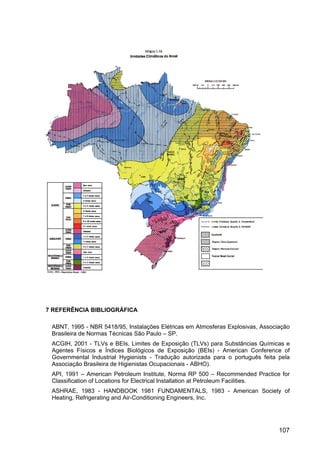 107
7 REFERÊNCIA BIBLIOGRÁFICA
ABNT, 1995 - NBR 5418/95, Instalações Elétricas em Atmosferas Explosivas, Associação
Brasileira de Normas Técnicas São Paulo – SP.
ACGIH, 2001 - TLVs e BEIs, Limites de Exposição (TLVs) para Substâncias Químicas e
Agentes Físicos e Índices Biológicos de Exposição (BEIs) - American Conference of
Governmental Industrial Hygienists - Tradução autorizada para o português feita pela
Associação Brasileira de Higienistas Ocupacionais - ABHO).
API, 1991 – American Petroleum Institute, Norma RP 500 – Recommended Practice for
Classification of Locations for Electrical Installation at Petroleum Facilities.
ASHRAE, 1983 - HANDBOOK 1981 FUNDAMENTALS, 1983 - American Society of
Heating, Refrigerating and Air-Conditioning Engineers, Inc.
 