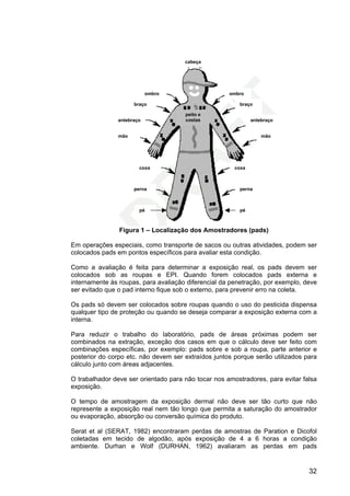 32
Figura 1 – Localização dos Amostradores (pads)
Em operações especiais, como transporte de sacos ou outras atividades, podem ser
colocados pads em pontos específicos para avaliar esta condição.
Como a avaliação é feita para determinar a exposição real, os pads devem ser
colocados sob as roupas e EPI. Quando forem colocados pads externa e
internamente às roupas, para avaliação diferencial da penetração, por exemplo, deve
ser evitado que o pad interno fique sob o externo, para prevenir erro na coleta.
Os pads só devem ser colocados sobre roupas quando o uso do pesticida dispensa
qualquer tipo de proteção ou quando se deseja comparar a exposição externa com a
interna.
Para reduzir o trabalho do laboratório, pads de áreas próximas podem ser
combinados na extração, exceção dos casos em que o cálculo deve ser feito com
combinações específicas, por exemplo: pads sobre e sob a roupa, parte anterior e
posterior do corpo etc. não devem ser extraídos juntos porque serão utilizados para
cálculo junto com áreas adjacentes.
O trabalhador deve ser orientado para não tocar nos amostradores, para evitar falsa
exposição.
O tempo de amostragem da exposição dermal não deve ser tão curto que não
represente a exposição real nem tão longo que permita a saturação do amostrador
ou evaporação, absorção ou conversão química do produto.
Serat et al (SERAT, 1982) encontraram perdas de amostras de Paration e Dicofol
coletadas em tecido de algodão, após exposição de 4 a 6 horas a condição
ambiente. Durhan e Wolf (DURHAN, 1962) avaliaram as perdas em pads
ombroombro
cabeça
peito e
costas
braçobraço
antebraçoantebraço
mão mão
coxa coxa
perna
pépé
perna
 