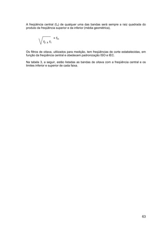 63
A freqüência central (fm) de qualquer uma das bandas será sempre a raiz quadrada do
produto da freqüência superior e da inferior (média geométrica).
Os filtros de oitava, utilizados para medição, tem freqüências de corte estabelecidas, em
função da freqüência central e obedecem padronização ISO e IEC.
Na tabela 3, a seguir, estão listadas as bandas de oitava com a freqüência central e os
limites inferior e superior de cada faixa.
= fm
f2 X f1
 