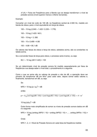 65
∆f (A) = Faixa de Freqüência para a Banda que se deseja transformar o nível de
pressão sonora (nível superior menos o inferior da banda).
Exemplo:
Converter um nível de ruído de 100 dB, na freqüência central de 2.000 Hz, medido em
banda de oitava, para o nível equivalente em terça de oitava.
100 – 10 log (2.840 – 1.420 / 2.239 – 1.778)
100 – 10 log (1.420 / 461)
100 – 10 log = 3, 080
100 – 10 x 0,488 = 4.88
100 – 4,88 = 95,1 dB
Os valores das faixas de oitava e terça de oitava, adotados acima, são os constantes na
tabela acima.
Se a conversão fosse de terça para oitava, o processo seria inverso, ou seja:
95,1 – 10 log (461/1.420) = 100
Se um determinado nível de pressão sonora foi medido separadamente por faixa de
freqüência e se deseja saber o nível total, o procedimento é o seguinte:
Como o que se soma são os valores de pressão e não de dB, a operação deve ser
primeiro de transformar dB em N/m2
para cada valor, depois somar estes valores e,
finalmente, transformar em dB, ou seja:
Se:
NPS = 10 log (p / p0)2
= dB
então:
p = 2
0 /))10/..log(())10/2log(())10/1log( mNndBantidBantidBantiP =++
10 log (p/p0)2
= dB
Outra forma mais simplificada de somar os níveis de pressão sonora dados em dB
é a seguinte:
NPS = 10 log (antilog (NPS1 / 10) + antilog (NPS2 / 10) +...... antilog (NPSn / 10)) =
dB
Onde:
NPS 1, 2, n = Nivel de Pressão Sonora em cada faixa de freqüência medida
 