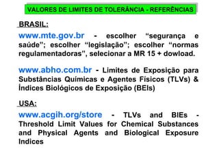 VALORES DE LIMITES DE TOLERÂNCIA VALORES DE LIMITES DE TOLERÂNCIA - - R REEFFEERRÊÊNNCCIAIASS 
BRASIL: 
www.mte.gov.br - escolher “segurança e 
saúde”; escolher “legislação”; escolher “normas 
regulamentadoras”, selecionar a MR 15 + dowload. 
www.abho.com.br - Limites de Exposição para 
Substâncias Químicas e Agentes Físicos (TLVs) & 
Índices Biológicos de Exposição (BEIs) 
USA: 
www.acgih.org/store - TLVs and BIEs - 
Threshold Limit Values for Chemical Substances 
and Physical Agents and Biological Exposure 
Indices 
 