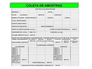 CCOOLLEETTAA DDEE AAMMOOSSTTRRAASS 
CONTROL E DE AM OS TRAGEM 
EM P RES A : LOCAL : 
DATAS : CAL IBRAG .: AM OS TR.: AF ERIÇÃO: 
BOM BA UTILIZADA - M ARCA/M ODELO: CÓ DIGO: CARGA: 
LOCAL M ONITORADO : 
AGENTE AM OS TRADO : 
CÓDIGO DA AM OS TRA: M ONITORAM ENTO: 
TEM PO DE AM OS TRAGEM (m in uto) : V AZÃO DE AM OS TRAGEM (lpm ) : #DIV /0! 
CONDIÇÕES DO LOCAL : T EM P .(ºC) : P RES S ÃO (m m Hg ): 
VOLUM E AM OS TR.(litro s) #DIV /0! 
DADOS DO CONTAM INANT E, CONCENTRAÇÃO, P ORCENTAGEM DE S ÍL ICA E L IM ITE DE TOLERÂNCIA 
NOM E CONTAM INANTE Nº CERT IF . M AS S A M AS S A % S ÍL ICA CONCENTR. L IM IT E 
ANÁLIS E TOTAL(m g ) S ÍL ICA(m g ) (m g/m ³) TOLER.(m g /m ³) 
POEIRA M INERA L RESPIRÁV EL #DIV /0! #DIV /0! #DIV /0! 
CAL IBRAGEM E AFERIÇÃO 
CAL IBRAGEM AFERIÇÃO 
TEM PO 1 TEM PO 1 
TEM PO 2 TEM PO 2 
TEM PO 3 TEM PO 3 
TEM PO 4 TEM PO 4 
TEM PO 5 TEM PO 5 
TOTAL (se g) TOTAL(se g ) 
M ÉDIA(se g ) M ÉDIA(se g) 
V .TUBO (cc) V .TUBO(cc) 
V AZÃO(lpm ) #DIV /0! V AZÃO(lpm ) #DIV /0! 
TEM P .(ºC) 
P R.(m m Hg ) V AZÃO M ÉDIA(lpm ): #DIV /0! 
V ARIAÇÃO ENTRE CAL IBRAGEM E AFERIÇÃO (%) #DIV /0! 
 