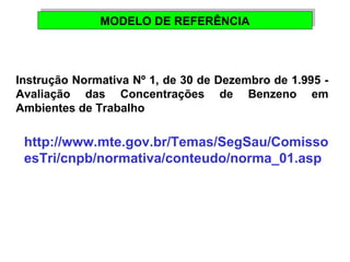 MMOODDEELLOO DDEE RREEFFEERRÊÊNNCCIIAA 
Instrução Normativa Nº 1, de 30 de Dezembro de 1.995 - 
Avaliação das Concentrações de Benzeno em 
Ambientes de Trabalho 
http://www.mte.gov.br/Temas/SegSau/Comisso 
esTri/cnpb/normativa/conteudo/norma_01.asp 
 
