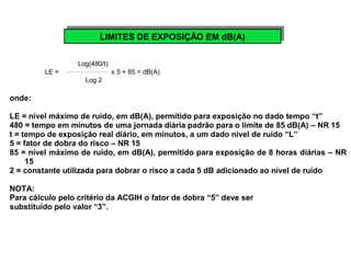 LLIMIMITITEESS D DEE E EXXPPOOSSIÇIÇÃÃOO E EMM d dBB((AA)) 
Log(480/t) 
LE = x 5 + 85 = dB(A) 
Log 2 
onde: 
LE = nível máximo de ruído, em dB(A), permitido para exposição no dado tempo “t” 
480 = tempo em minutos de uma jornada diária padrão para o limite de 85 dB(A) – NR 15 
t = tempo de exposição real diário, em minutos, a um dado nível de ruído “L” 
5 = fator de dobra do risco – NR 15 
85 = nível máximo de ruído, em dB(A), permitido para exposição de 8 horas diárias – NR 
15 
2 = constante utilizada para dobrar o risco a cada 5 dB adicionado ao nível de ruído 
NOTA: 
Para cálculo pelo critério da ACGIH o fator de dobra “5” deve ser 
substituído pelo valor “3”. 
 