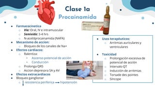 Clase 1a
Procainamida
● Farmacocinetica
o Via: Oral, IV e intramuscular
o Semivida: 3-4 hrs
o N-acetilprocainamida (NAPA)
● Mecanismo de accion:
o Bloqueo de los canales de Na+
● Efectos cardiacos:
o Ralentiza:
• Ascenso potencial de acción
• Conducción
o Prolonga QRS
o Accion depresora SA y AV
● Efectos extracardiacos
● Bloqueo ganglionar
o resistencia periferica hipotensión
● Usos terapéuticos:
o Arritmias auriculares y
ventriculares
● Toxicidad
o Prolongación excesiva de
potencial de acción
o Intervalo QT
o Inducción de arritmias
o Torsade des pointes
o Síncope
 