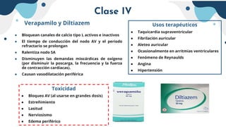 Usos terapéuticos
● Taquicardia supraventricular
● Fibrilación auricular
● Aleteo auricular
● Ocasionalmente en arritmias ventriculares
● Fenómeno de Reynaulds
● Angina
● Hipertensión
Verapamilo y Diltiazem
● Bloquean canales de calcio tipo L activos e inactivos
● El tiempo de conducción del nodo AV y el periodo
refractario se prolongan
● Ralentiza nodo SA
● Disminuyen las demandas miocárdicas de oxígeno
(por disminuir la poscarga, la frecuencia y la fuerza
de contracción cardíacas).
● Causan vasodilatación periférica
Toxicidad
● Bloqueo AV (al usarse en grandes dosis)
● Estreñimiento
● Lasitud
● Nerviosismo
● Edema periférico
Clase IV
 
