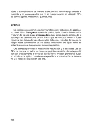 150
sobre la susceptibilidad, de manera eventual hasta que se tenga certeza al
respecto, y en los casos a los que no se pueda vacunar, se utilizarán EPIs
de barrera (gafas, mascarillas, guantes, etc)
APTITUD
Es necesario conocer el estado inmunológico del trabajador. Si positivo:
no hacer nada. Si negativo: retirar del puesto hasta correcta inmunización
(vacuna). Si es una mujer embarazada: actuar según cuadro anterior. Si la
serología es desconocida: actuar hasta que se conozca como si fuese
negativa. Las trabajadoras embarazadas deben ser retiradas del puesto de
riesgo hasta confirmación de su estado inmunitario. De igual forma se
actuará respecto a los pacientes inmunodeprimidos.
Una correcta prevención, mediante la vacunación y el adecuado uso de
EPIs de barrera, en todos los casos de posible exposición, debería permitir
trabajar prácticamente a todos los trabajadores. Pueden plantearse dudas
en el criterio de aptitud cuando no sea posible la administración de la vacu-
na y el riesgo de exposición sea alto.
 