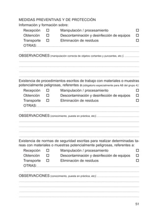 51
MEDIDAS PREVENTIVAS Y DE PROTECCIÓN
Información y formación sobre:
Recepción † Manipulación / procesamiento †
Obtención † Descontaminación y desinfección de equipos †
Transporte † Eliminación de residuos †
OTRAS:.................................................................................................................................................................
......................................................................................................................................................................................
OBSERVACIONES (manipulación correcta de objetos cortantes y punzantes, etc.): .......................
.............................................................................................................................................................................................
.............................................................................................................................................................................................
.............................................................................................................................................................................................
.............................................................................................................................................................................................
Existencia de procedimientos escritos de trabajo con materiales o muestras
potencialmente peligrosas, referentes a (obligatorio especialmente para AB del grupo 4):
Recepción † Manipulación / procesamiento †
Obtención † Descontaminación y desinfección de equipos †
Transporte † Eliminación de residuos †
OTRAS:.................................................................................................................................................................
......................................................................................................................................................................................
OBSERVACIONES (conocimiento, puesta en práctica, etc):...................................................................
.............................................................................................................................................................................................
.............................................................................................................................................................................................
.............................................................................................................................................................................................
.............................................................................................................................................................................................
Existencia de normas de seguridad escritas para realizar determinadas ta-
reas con materiales o muestras potencialmente peligrosas, referentes a:
Recepción † Manipulación / procesamiento †
Obtención † Descontaminación y desinfección de equipos †
Transporte † Eliminación de residuos †
OTRAS:.................................................................................................................................................................
......................................................................................................................................................................................
OBSERVACIONES (conocimiento, puesta en práctica, etc):...................................................................
.............................................................................................................................................................................................
.............................................................................................................................................................................................
.............................................................................................................................................................................................
.............................................................................................................................................................................................
 