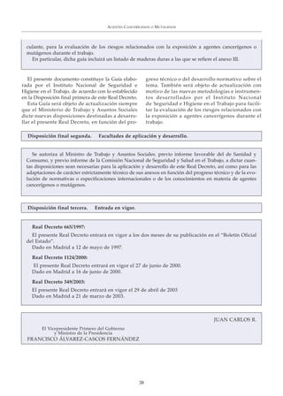 El presente documento constituye la Guía elabo-
rada por el Instituto Nacional de Seguridad e
Higiene en el Trabajo, de acuerdo con lo establecido
en la Disposición final primera de este Real Decreto.
Esta Guía será objeto de actualización siempre
que el Ministerio de Trabajo y Asuntos Sociales
dicte nuevas disposiciones destinadas a desarro-
llar el presente Real Decreto, en función del pro-
greso técnico o del desarrollo normativo sobre el
tema. También será objeto de actualización con
motivo de las nuevas metodologías e instrumen-
tos desarrollados por el Instituto Nacional
de Seguridad e Higiene en el Trabajo para facili-
tar la evaluación de los riesgos relacionados con
la exposición a agentes cancerígenos durante el
trabajo.
AGENTES CANCERÍGENOS O MUTÁGENOS
38
Se autoriza al Ministro de Trabajo y Asuntos Sociales. previo informe favorable del de Sanidad y
Consumo, y previo informe de la Comisión Nacional de Seguridad y Salud en el Trabajo, a dictar cuan-
tas disposiciones sean necesarias para la aplicación y desarrollo de este Real Decreto, así como para las
adaptaciones de carácter estrictamente técnico de sus anexos en función del progreso técnico y de la evo-
lución de normativas o especificaciones internacionales o de los conocimientos en materia de agentes
cancerígenos o mutágenos.
Disposición final segunda. Facultades de aplicación y desarrollo.
Real Decreto 665/1997:
El presente Real Decreto entrará en vigor a los dos meses de su publicación en el “Boletín Oficial
del Estado”.
Dado en Madrid a 12 de mayo de 1997.
Real Decreto 1124/2000:
El presente Real Decreto entrará en vigor el 27 de junio de 2000.
Dado en Madrid a 16 de junio de 2000.
Real Decreto 349/2003:
El presente Real Decreto entrará en vigor el 29 de abril de 2003
Dado en Madrid a 21 de marzo de 2003.
Disposición final tercera. Entrada en vigor.
JUAN CARLOS R.
El Vicepresidente Primero del Gobierno
y Ministro de la Presidencia
FRANCISCO ÁLVAREZ-CASCOS FERNÁNDEZ
culante, para la evaluación de los riesgos relacionados con la exposición a agentes cancerígenos o
mutágenos durante el trabajo.
En particular, dicha guía incluirá un listado de maderas duras a las que se refiere el anexo III.
 