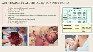 ACTIVIDADES DE ALUMBRAMIENTO Y POST PARTO
- Veriﬁcar la expulsión de toda la placenta
- Realizar test de APGAR
- Revisar la placenta
- Evaluar funciones vitales
- Detectar complicaciones tempranas como hemorragias e infecciones
puerperal
- Vigilar comienzo de diuresis espontánea
- Favorecer lactancia materna
- Realizar baño genital externo
 