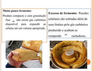 Muito pouco fermento:
Produto compacto e com granulação
fina não existe gás carbônico
disponível para expandir as
células até um volume apropriado.
Excesso de fermento: Paredes
celulares são estiradas além de
seus limites pelo gás carbônico
produzido e acabam se
rompendo rachaduras.
 
