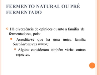 FERMENTO NATURAL OU PRÉ
FERMENTADO
 Há divergência de opiniões quanto a família de
fermentadores, pois:
 Acredita-se que há uma única família
Saccharomyces minor;
 Alguns consideram também várias outras
espécies.
 
