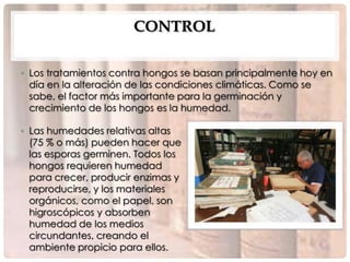 CONTROL

• Los tratamientos contra hongos se basan principalmente hoy en
  día en la alteración de las condiciones climáticas. Como se
  sabe, el factor más importante para la germinación y
  crecimiento de los hongos es la humedad.

• Las humedades relativas altas
  (75 % o más) pueden hacer que
  las esporas germinen. Todos los
  hongos requieren humedad
  para crecer, producir enzimas y
  reproducirse, y los materiales
  orgánicos, como el papel, son
  higroscópicos y absorben
  humedad de los medios
  circundantes, creando el
  ambiente propicio para ellos.
 