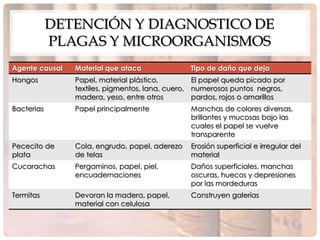 DETENCIÓN Y DIAGNOSTICO DE
            PLAGAS Y MICROORGANISMOS
Agente causal   Material que ataca              Tipo de daño que deja
Hongos          Papel, material plástico,         El papel queda picado por
                textiles, pigmentos, lana, cuero, numerosos puntos negros,
                madera, yeso, entre otros         pardos, rojos o amarillos
Bacterias       Papel principalmente            Manchas de colores diversas,
                                                brillantes y mucosas bajo las
                                                cuales el papel se vuelve
                                                transparente
Pececito de     Cola, engrudo, papel, aderezo   Erosión superficial e irregular del
plata           de telas                        material
Cucarachas      Pergaminos, papel, piel,        Daños superficiales, manchas
                encuadernaciones                oscuras, huecos y depresiones
                                                por las mordeduras
Termitas        Devoran la madera, papel,       Construyen galerías
                material con celulosa
 