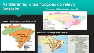 As diferentes classificações do relevo
Brasileiro
Professor Jurandyr Ross Anos 90
Professor Aroldo de Azevedo Anos 40/50
Professor Aziz Ab’Saber / anos 60
 