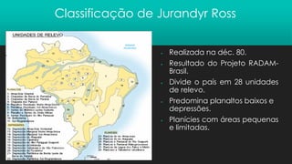 Classificação de Jurandyr Ross
▪ Realizada na déc. 80.
▪ Resultado do Projeto RADAM-
Brasil.
▪ Divide o país em 28 unidades
de relevo.
▪ Predomina planaltos baixos e
depressões.
▪ Planícies com áreas pequenas
e limitadas.
 