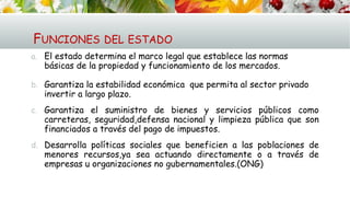 FUNCIONES DEL ESTADO
a. El estado determina el marco legal que establece las normas
básicas de la propiedad y funcionamiento de los mercados.
b. Garantiza la estabilidad económica que permita al sector privado
invertir a largo plazo.
c. Garantiza el suministro de bienes y servicios públicos como
carreteras, seguridad,defensa nacional y limpieza pública que son
financiados a través del pago de impuestos.
d. Desarrolla políticas sociales que beneficien a las poblaciones de
menores recursos,ya sea actuando directamente o a través de
empresas u organizaciones no gubernamentales.(ONG)
 