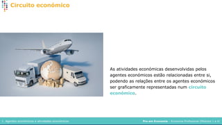Pro em Economia – Economia Profissional (Módulos 1 a 4)
1. Agentes económicos e atividades económicos
Circuito económico
As atividades económicas desenvolvidas pelos
agentes económicos estão relacionadas entre si,
podendo as relações entre os agentes económicos
ser graficamente representadas num circuito
económico.
 
