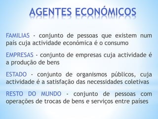 AGENTES ECONÓMICOS
FAMILIAS - conjunto de pessoas que existem num
país cuja actividade económica é o consumo
EMPRESAS - conjunto de empresas cuja actividade é
a produção de bens
ESTADO - conjunto de organismos públicos, cuja
actividade é a satisfação das necessidades coletivas
RESTO DO MUNDO - conjunto de pessoas com
operações de trocas de bens e serviços entre países
 