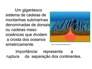 Um gigantesco
sistema de cadeias de
montanhas submarinas
denominadas de dorsais
ou cadeias meso
oceânicas que dividem
a crosta dos oceanos
simetricamente.
Importância: representa a
ruptura da separação dos continentes.
Fonte: mesozoico.wordpress.com-
 