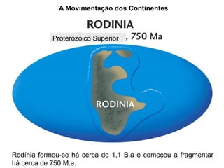 A Movimentação dos Continentes
Proterozóico Superior
Rodínia formou-se há cerca de 1,1 B.a e começou a fragmentar
há cerca de 750 M.a.
 
