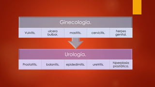 Urología.
Prostatitis, balanitis, epidedimitis, uretritis,
hiperplasia
prostática.
Ginecología.
Vulvitis,
ulcera
bulbar,
mastitis, cervicitis,
herpes
genital.
 
