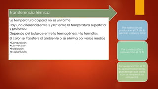 Transferencia térmica
La temperatura corporal no es uniforme
Hay una diferencia entre 5 y10° entre la temperatura superficial
y profunda
Depende del balance entre la termogénesis y la termólisis
El calor se transfiere al ambiente o se elimina por varios medios
•Conducción
•Convección
•Radiación
•Evaporación
Por radiación se
produce el 60 % de la
pérdida calórica total
Por conducción y
convección el 15 %
Por evaporación el 25
%, aproximadamente,
porcentaje que varía
con la temperatura
ambiental.
 