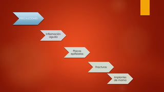 PRECAUCIONES
Inflamación
aguda
Placas
epifisiarias
Fracturas
Implantes
de mama
 