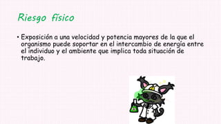 Riesgo físico
• Exposición a una velocidad y potencia mayores de la que el
organismo puede soportar en el intercambio de energía entre
el individuo y el ambiente que implica toda situación de
trabajo.
 