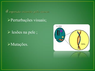 Perturbações visuais; 
 lesões na pele ; 
Mutações. 
 