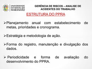 GERÊNCIA DE RISCOS – ANALISE DE
ACIDENTES DO TRABALHO
ESTRUTURA DO PPRA
Planejamento anual com estabelecimento de
metas, prioridades e cronograma.
Estratégia e metodologia de ação.
Forma do registro, manutenção e divulgação dos
dados.
 Periodicidade e forma de avaliação do
desenvolvimento do PPRA.
 