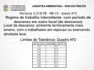 AGENTES AMBIENTAIS – RISCOS FÍSICOS
Local de descanso: ambiente termicamente mais
ameno, com o trabalhador em repouso ou exercendo
atividade leve.
Limites de Tolerância: Quadro Nº2
 