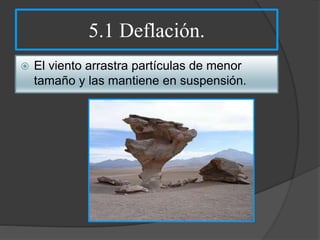 5.1 Deflación.
 El viento arrastra partículas de menor
tamaño y las mantiene en suspensión.
 