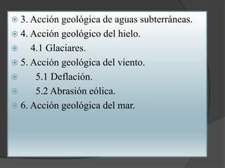  3. Acción geológica de aguas subterráneas.
 4. Acción geológico del hielo.
 4.1 Glaciares.
 5. Acción geológica del viento.
 5.1 Deflación.
 5.2 Abrasión eólica.
 6. Acción geológica del mar.
 