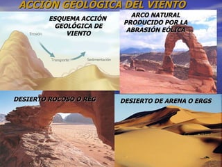 ACCIÓN GEOLÓGICA DEL VIENTO DESIERTO DE ARENA O ERGS ARCO NATURAL PRODUCIDO POR LA ABRASIÓN EÓLICA DESIERTO ROCOSO O REG ESQUEMA ACCIÓN  GEOLÓGICA DE VIENTO 