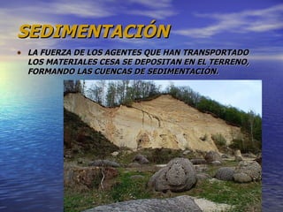 SEDIMENTACIÓN LA FUERZA DE LOS AGENTES QUE HAN TRANSPORTADO LOS MATERIALES CESA SE DEPOSITAN EN EL TERRENO, FORMANDO LAS CUENCAS DE SEDIMENTACIÓN.  