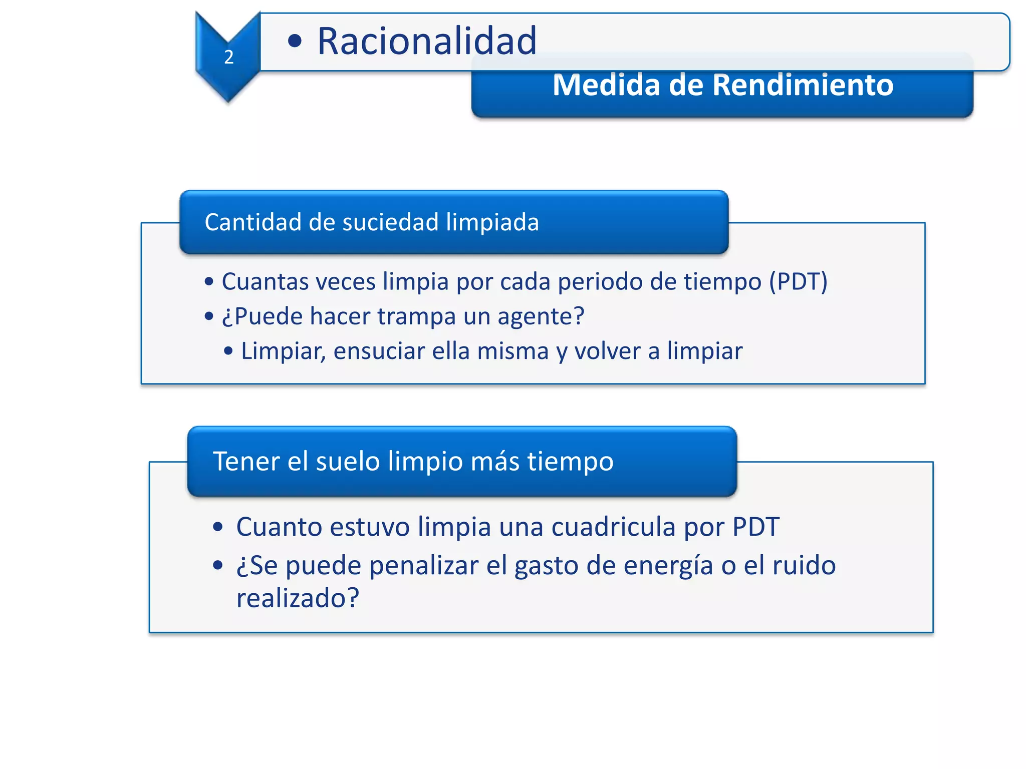 Medida de Rendimiento
2 • Racionalidad
• Cuantas veces limpia por cada periodo de tiempo (PDT)
• ¿Puede hacer trampa un agente?
• Limpiar, ensuciar ella misma y volver a limpiar
Cantidad de suciedad limpiada
• Cuanto estuvo limpia una cuadricula por PDT
• ¿Se puede penalizar el gasto de energía o el ruido
realizado?
Tener el suelo limpio más tiempo
 