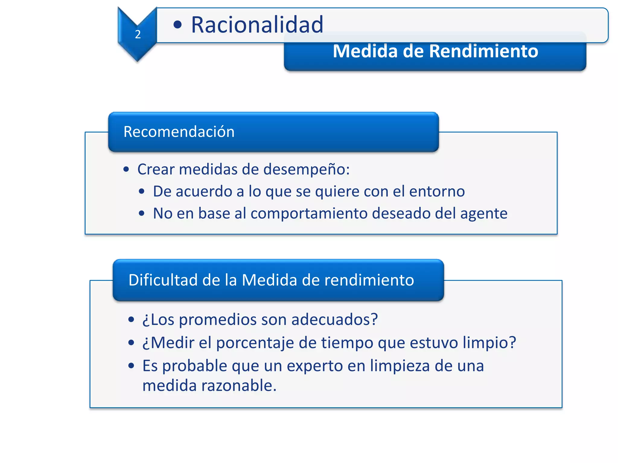 Medida de Rendimiento
2 • Racionalidad
• Crear medidas de desempeño:
• De acuerdo a lo que se quiere con el entorno
• No en base al comportamiento deseado del agente
Recomendación
• ¿Los promedios son adecuados?
• ¿Medir el porcentaje de tiempo que estuvo limpio?
• Es probable que un experto en limpieza de una
medida razonable.
Dificultad de la Medida de rendimiento
 
