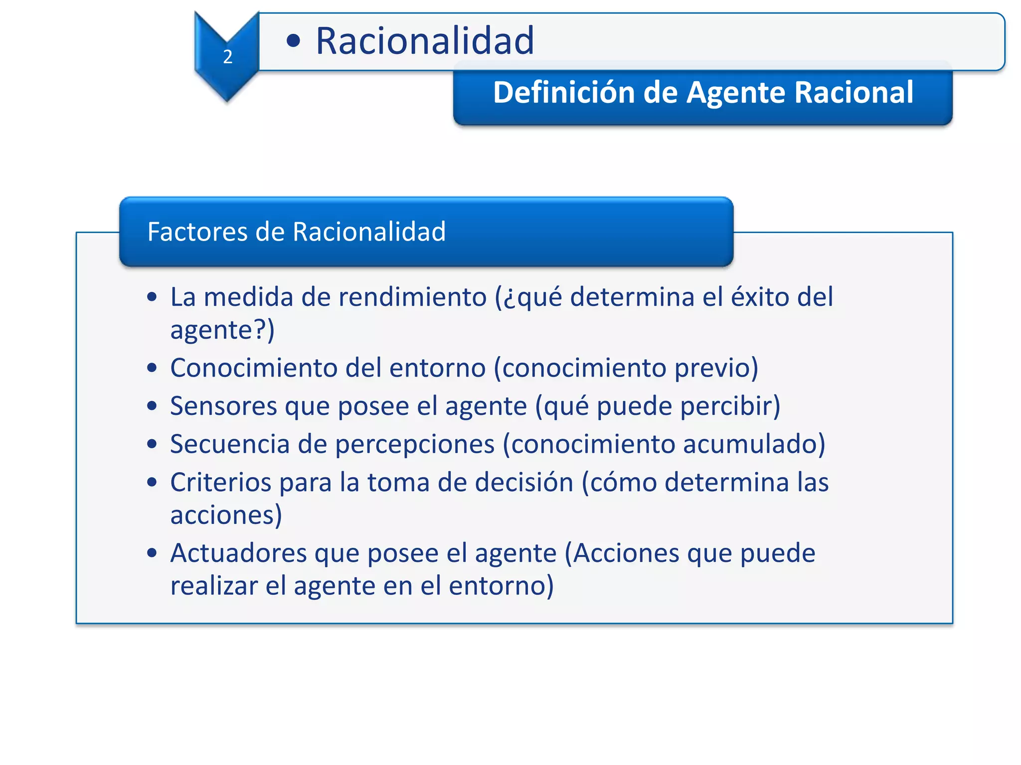 Definición de Agente Racional
2 • Racionalidad
• La medida de rendimiento (¿qué determina el éxito del
agente?)
• Conocimiento del entorno (conocimiento previo)
• Sensores que posee el agente (qué puede percibir)
• Secuencia de percepciones (conocimiento acumulado)
• Criterios para la toma de decisión (cómo determina las
acciones)
• Actuadores que posee el agente (Acciones que puede
realizar el agente en el entorno)
Factores de Racionalidad
 
