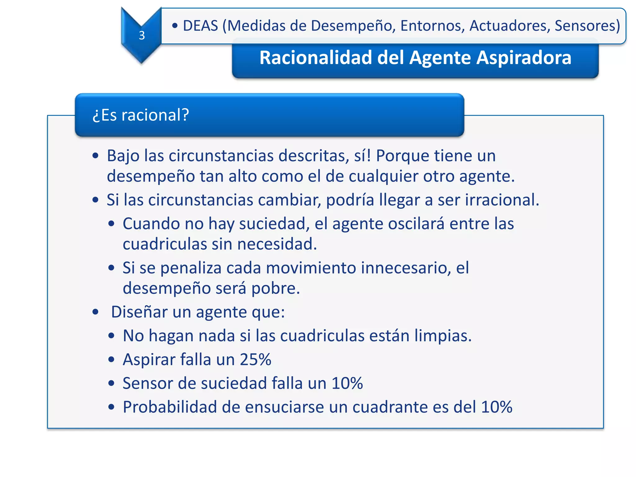 Racionalidad del Agente Aspiradora
3
• DEAS (Medidas de Desempeño, Entornos, Actuadores, Sensores)
• Bajo las circunstancias descritas, sí! Porque tiene un
desempeño tan alto como el de cualquier otro agente.
• Si las circunstancias cambiar, podría llegar a ser irracional.
• Cuando no hay suciedad, el agente oscilará entre las
cuadriculas sin necesidad.
• Si se penaliza cada movimiento innecesario, el
desempeño será pobre.
• Diseñar un agente que:
• No hagan nada si las cuadriculas están limpias.
• Aspirar falla un 25%
• Sensor de suciedad falla un 10%
• Probabilidad de ensuciarse un cuadrante es del 10%
¿Es racional?
 